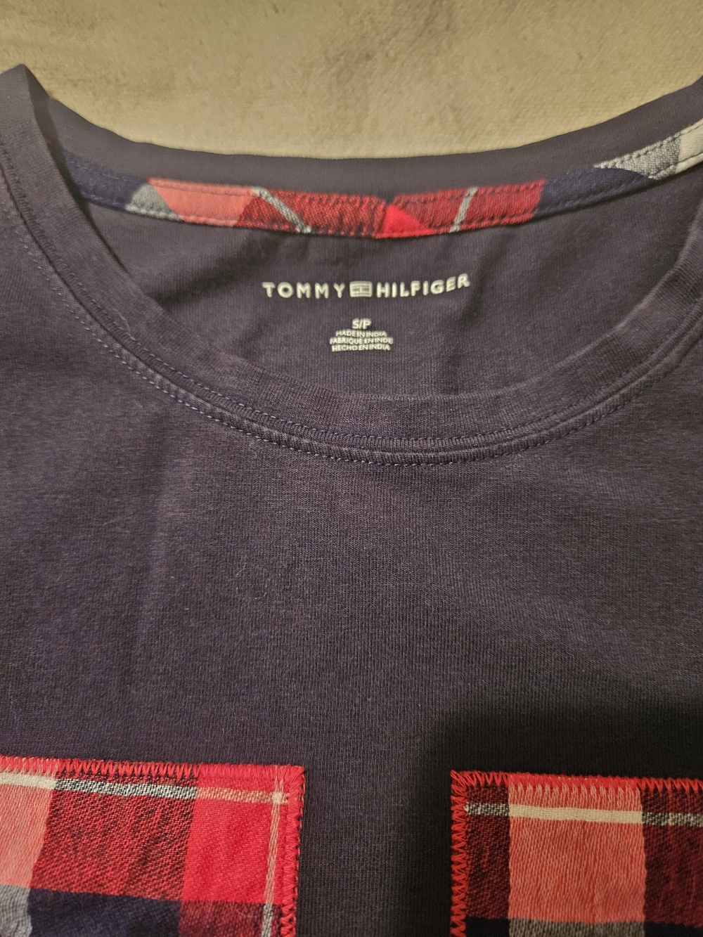 Tommy Hilfiger Men's Navy Crewneck Shirt with Red Plaid Accents